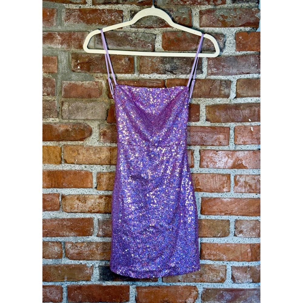 Lucy in the Sky Purple Sequin Mini Dress XS Spaghetti Strap Backless Party